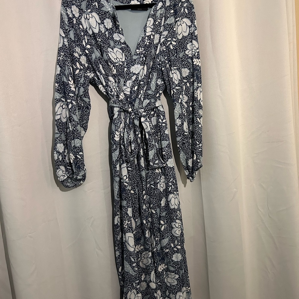 Lane Bryant Size 16 Floral Tie Waist Midi Dress | Long Sleeve Blue